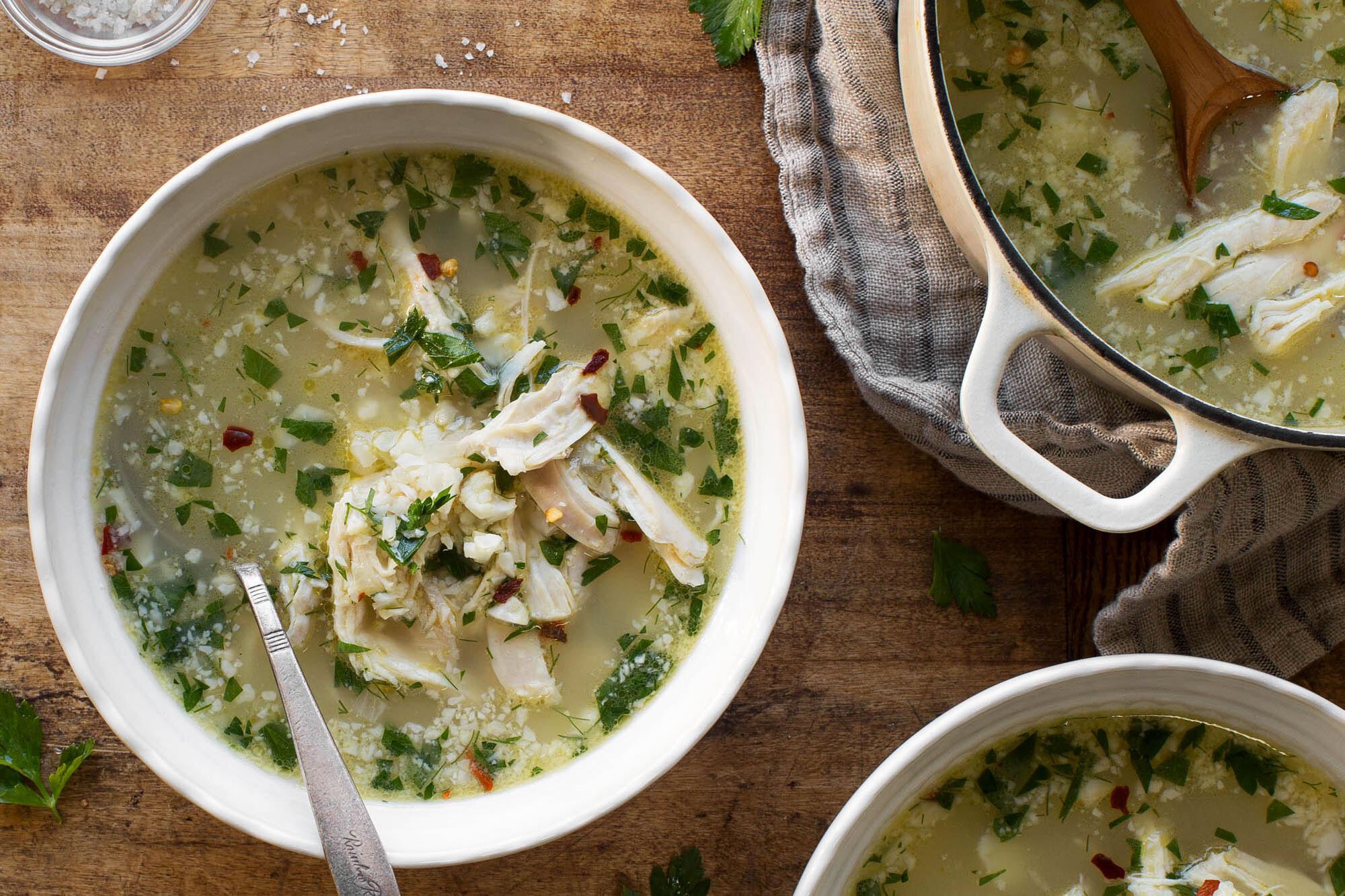 Avgolemono Chicken Soup with Lemon, Egg, and Cauliflower Rice