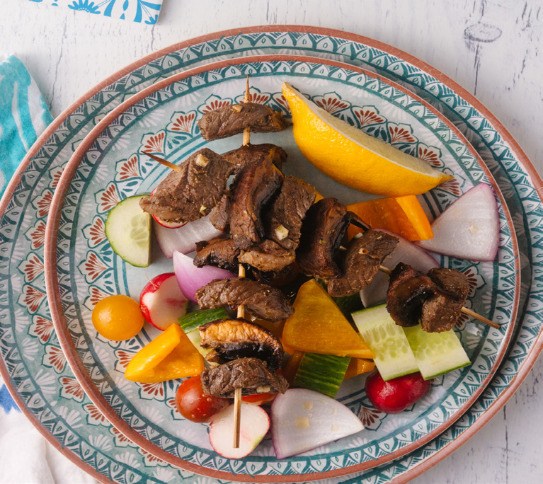 Beef Skewers with Greek Salad